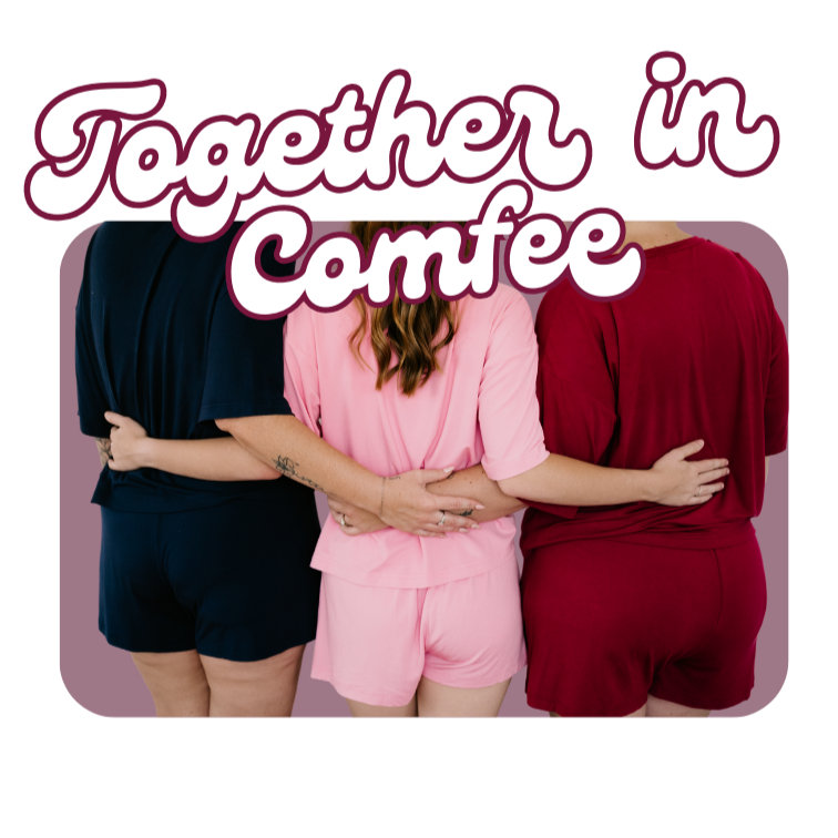 Three people hugging with 'Together in Comfee' text above them on a white background